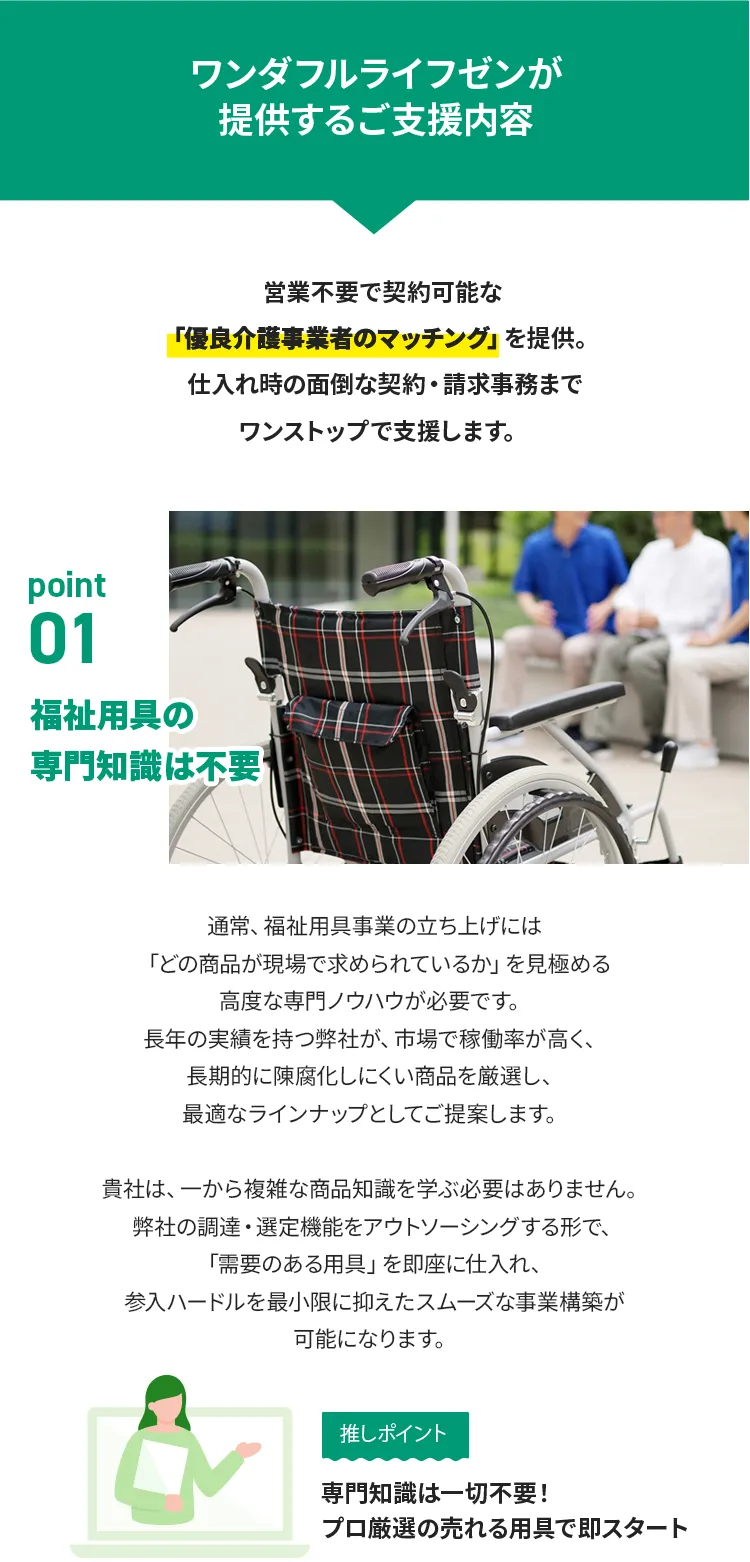ご支援内容 point 01 福祉用具の専門知識は不要